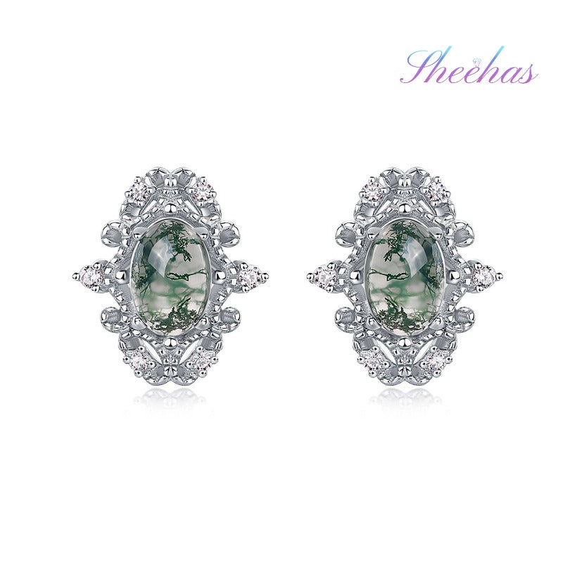 Moss Agate Palace-Style Earrings | Sterling Silver Studs for Balance & Prosperity