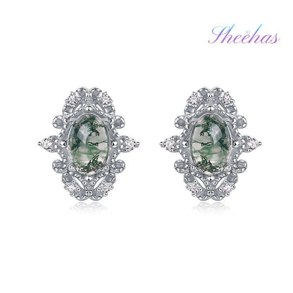 Moss Agate Palace-Style Earrings | Sterling Silver Studs for Balance & Prosperity