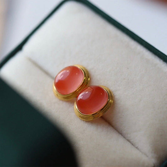 Sheehas 18K Gold Plated S925 Silver Vintage Oval Cabochon Lucky Earrings - 我的商店 - 