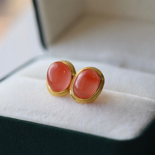 Sheehas 18K Gold Plated S925 Silver Vintage Oval Cabochon Lucky Earrings - 我的商店 - 