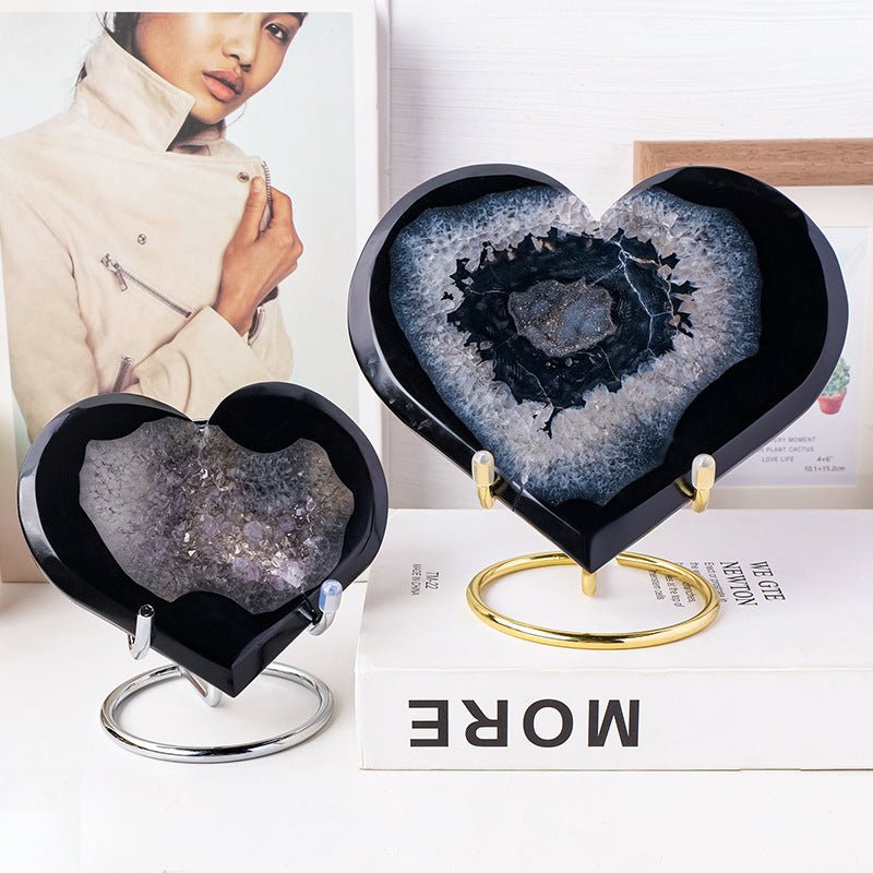 Sheehas Black Agate Geode Heart - shaped Ornament: The Blend of Romance and Mysterious Energy ( Width: 3.1" - 4.7") - 我的商店 - 