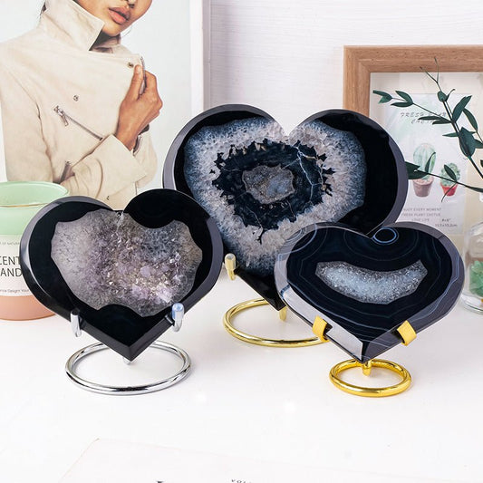 Sheehas Black Agate Geode Heart - shaped Ornament: The Blend of Romance and Mysterious Energy ( Width: 3.1" - 4.7") - 我的商店 - 