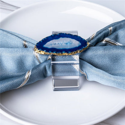 Sheehas Blue Agate with Gold - Rimmed Napkin Rings (4 pcs) - 我的商店 - tablecloth clip