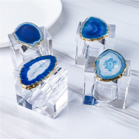 Sheehas Blue Agate with Gold - Rimmed Napkin Rings (4 pcs) - 我的商店 - tablecloth clip