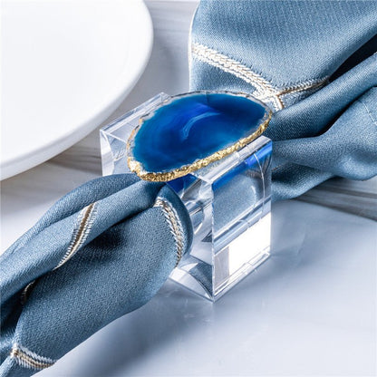 Sheehas Blue Agate with Gold - Rimmed Napkin Rings (4 pcs) - 我的商店 - tablecloth clip