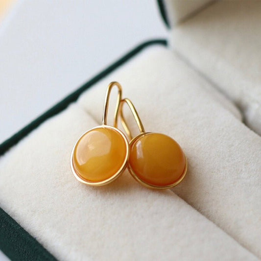 Sheehas Feng Shui Amber Sterling Silver 18K Gold Plated Mandala Pattern Round Cabochon Hook Earrings - 我的商店 - 