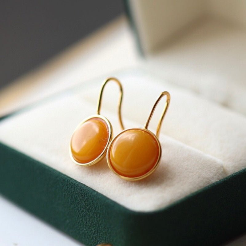 Sheehas Feng Shui Amber Sterling Silver 18K Gold Plated Mandala Pattern Round Cabochon Hook Earrings - 我的商店 - 