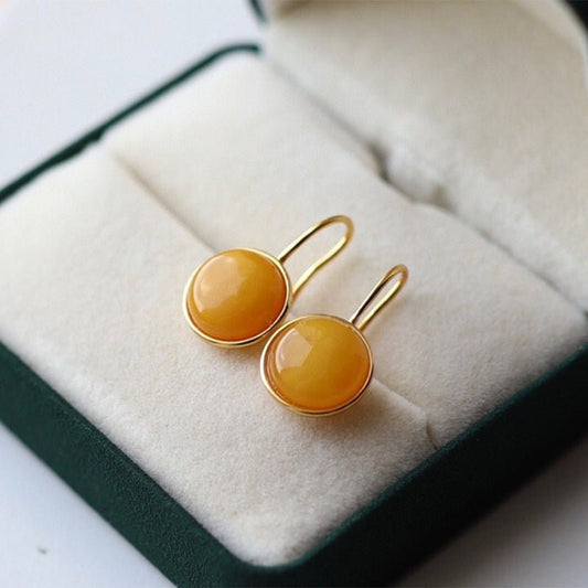Sheehas Feng Shui Amber Sterling Silver 18K Gold Plated Mandala Pattern Round Cabochon Hook Earrings - 我的商店 - 