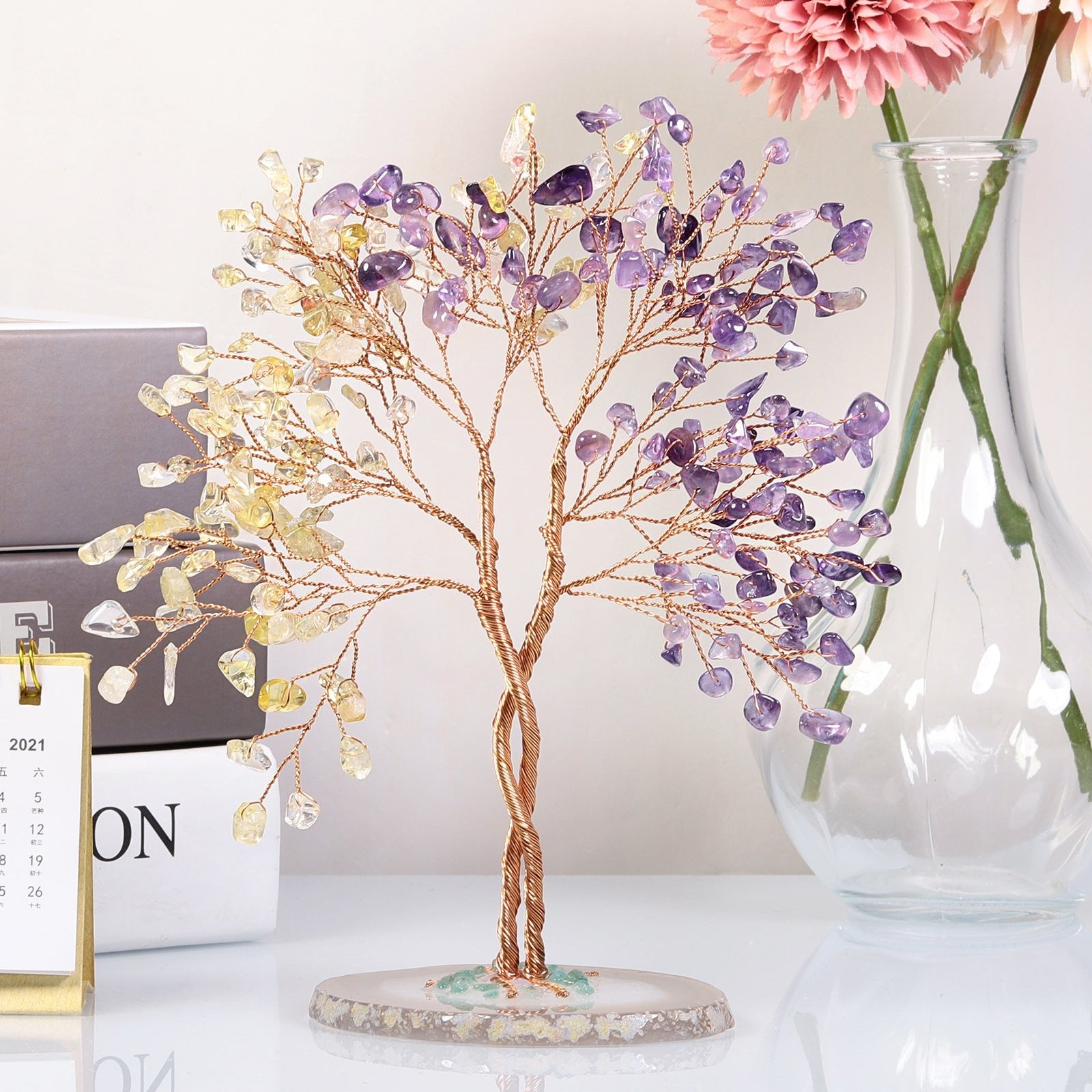 Sheehas Feng Shui Crystal Money Tree of Life with Natural Agate Slice Base - 我的商店 - 