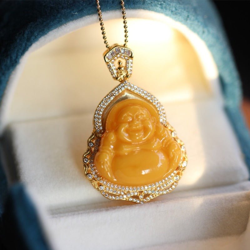 Sheehas Feng Shui High - quality Natural Amber Maitreya Buddha Sterling Silver 18K Gold Plated Pendant - 我的商店 - 