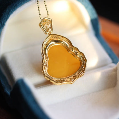 Sheehas Feng Shui High - quality Natural Amber Maitreya Buddha Sterling Silver 18K Gold Plated Pendant - 我的商店 - 
