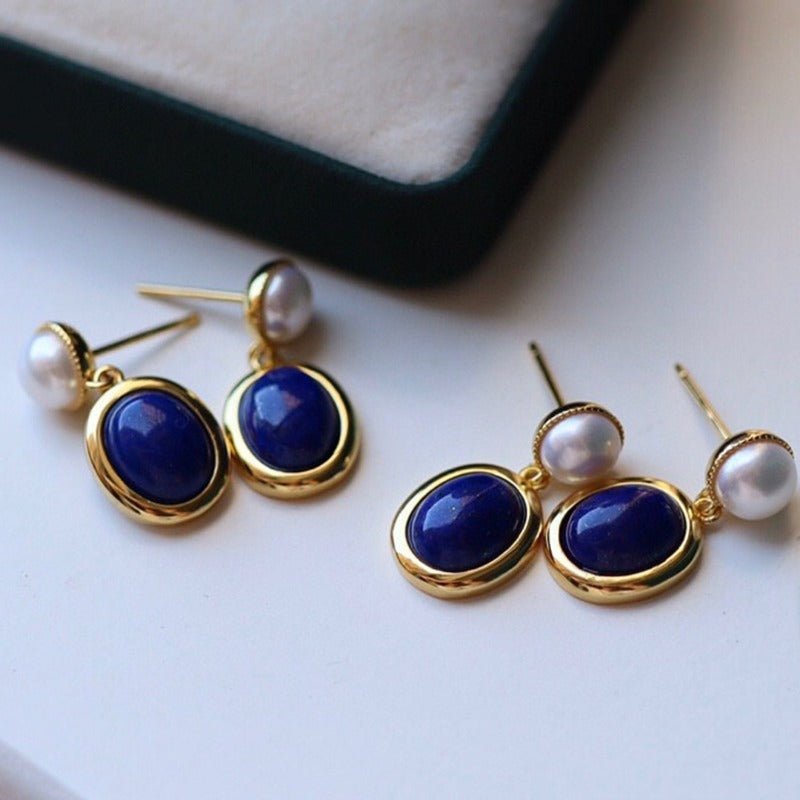 Sheehas Feng Shui Lapis Lazuli and Pearl Sterling Silver 18K Gold Plated Dangle Earrings - Boost Your Confidence - 我的商店 - 