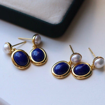 Sheehas Feng Shui Lapis Lazuli and Pearl Sterling Silver 18K Gold Plated Dangle Earrings - Boost Your Confidence - 我的商店 - 