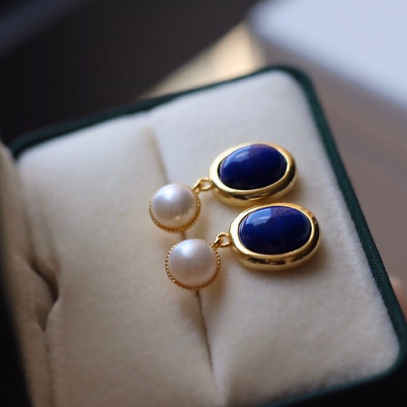 Sheehas Feng Shui Lapis Lazuli and Pearl Sterling Silver 18K Gold Plated Dangle Earrings - Boost Your Confidence - 我的商店 - 