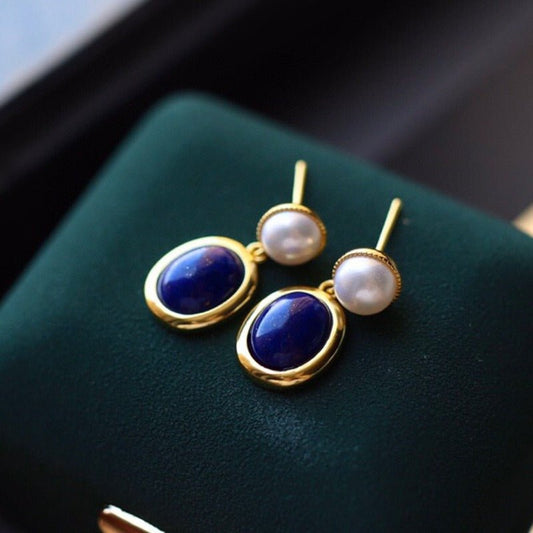 Sheehas Feng Shui Lapis Lazuli and Pearl Sterling Silver 18K Gold Plated Dangle Earrings - Boost Your Confidence - 我的商店 - 
