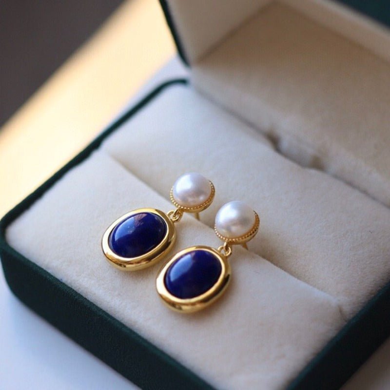 Sheehas Feng Shui Lapis Lazuli and Pearl Sterling Silver 18K Gold Plated Dangle Earrings - Boost Your Confidence - 我的商店 - 