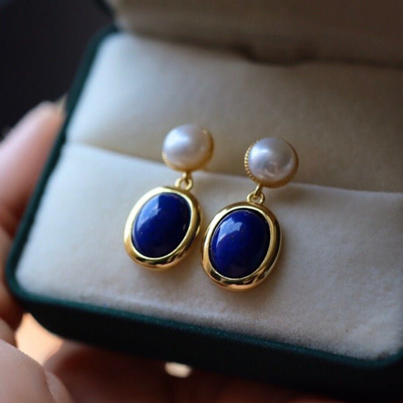 Sheehas Feng Shui Lapis Lazuli and Pearl Sterling Silver 18K Gold Plated Dangle Earrings - Boost Your Confidence - 我的商店 - 
