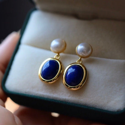 Sheehas Feng Shui Lapis Lazuli and Pearl Sterling Silver 18K Gold Plated Dangle Earrings - Boost Your Confidence - 我的商店 - 