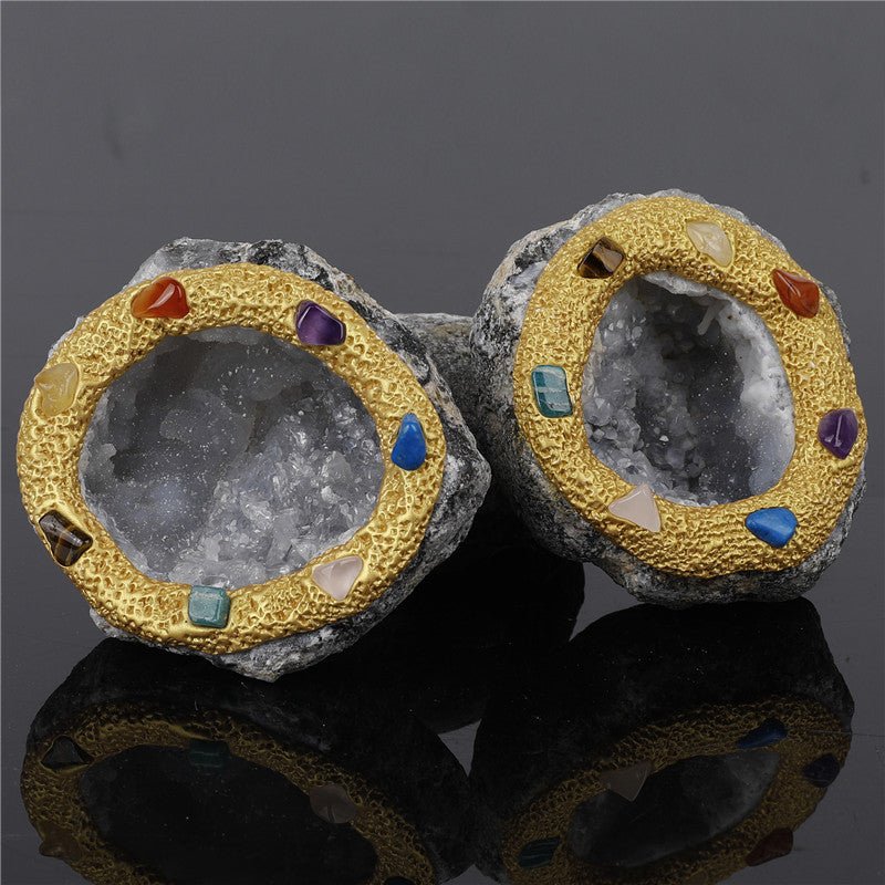 Natural agate geode cornucopia by Sheehas with colorful chakra crystals for wealth and energy.