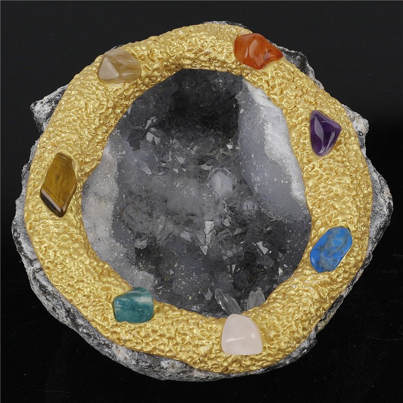 Natural agate geode cornucopia by Sheehas inlaid with chakra crystals for wealth and energy balancing.