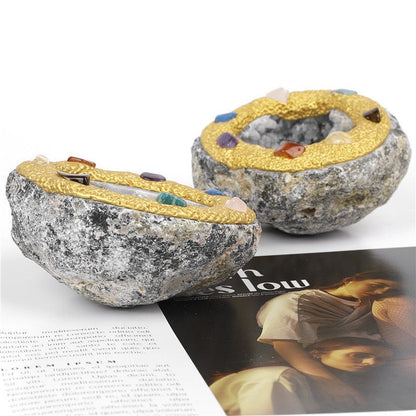 Natural Agate Geode Cornucopia by Sheehas, adorned with chakra crystals, enhancing wealth and energy.