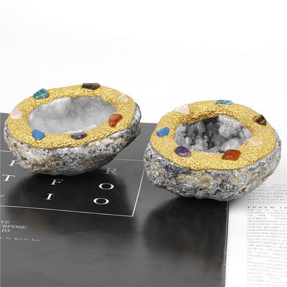 Natural Agate Geode Cornucopia by Sheehas, featuring chakra crystals, perfect for enhancing wealth and balancing energy.