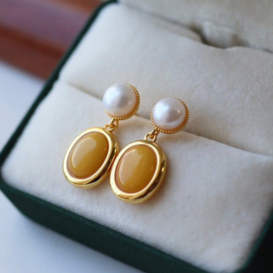 Sheehas Feng Shui Natural Amber and Pearls Sterling Silver 18K Gold Plated Earrings - 我的商店 - 