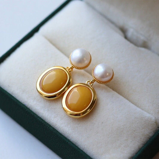 Sheehas Feng Shui Natural Amber and Pearls Sterling Silver 18K Gold Plated Earrings - 我的商店 - 
