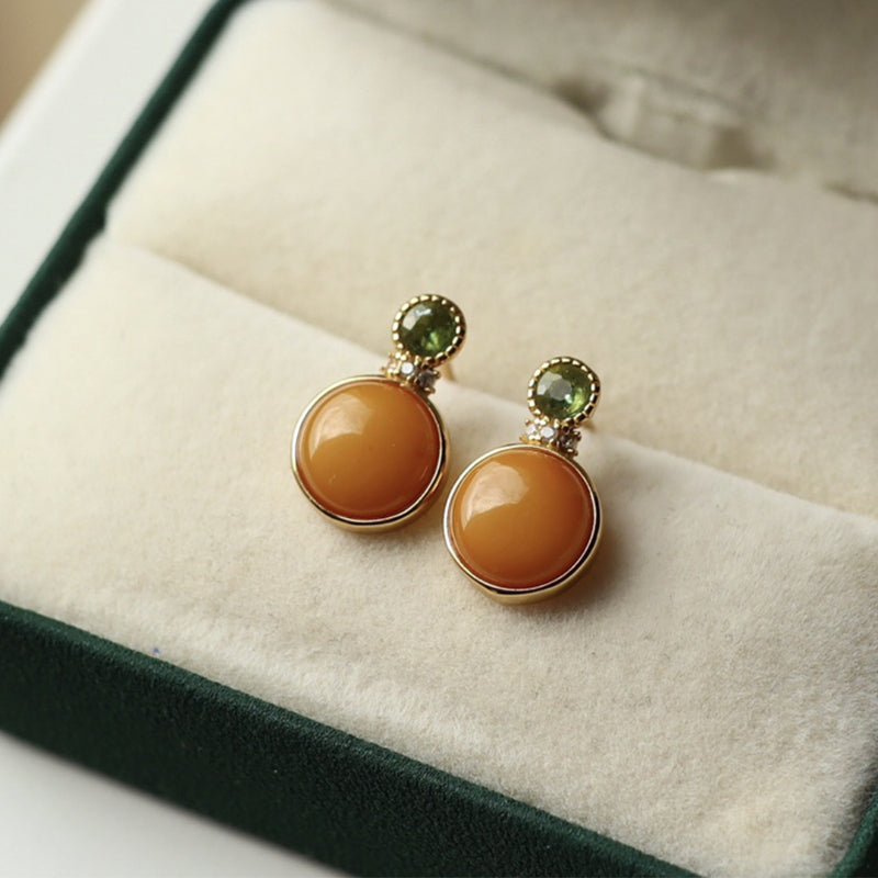 Sheehas Feng Shui Natural Amber & Jade/Tourmaline Sterling Silver 18K Gold Plated Round Cabochon Dangle Earrings - 我的商店 - 