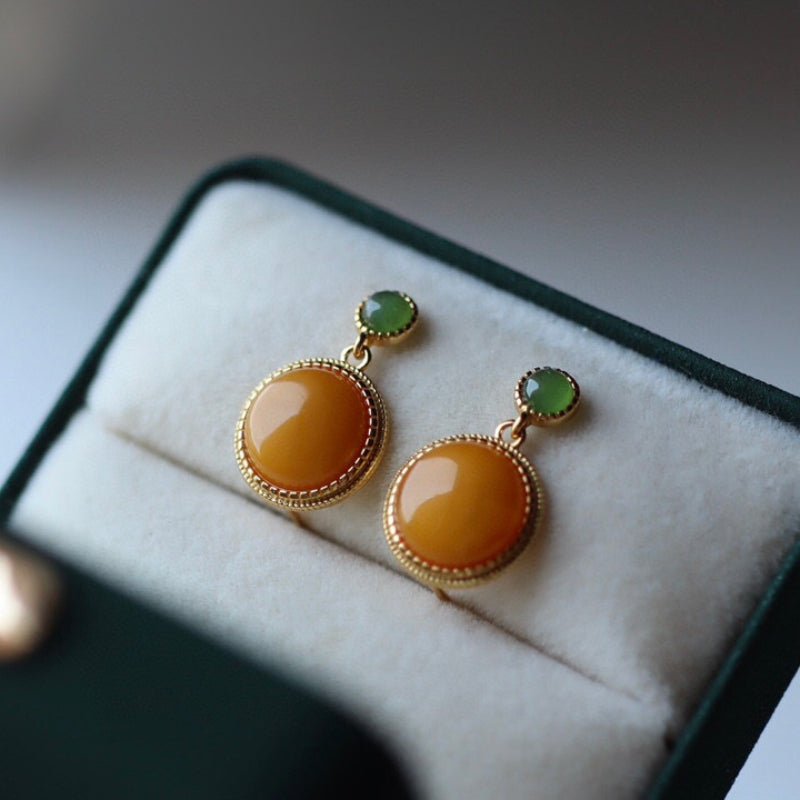 Sheehas Feng Shui Natural Amber & Jade/Tourmaline Sterling Silver 18K Gold Plated Round Cabochon Dangle Earrings - 我的商店 - 
