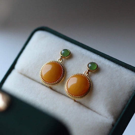 Sheehas Feng Shui Natural Amber & Jade/Tourmaline Sterling Silver 18K Gold Plated Round Cabochon Dangle Earrings - 我的商店 - 