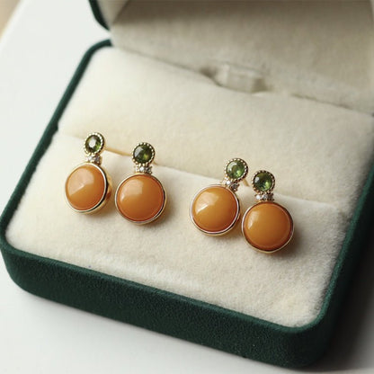 Sheehas Feng Shui Natural Amber & Jade/Tourmaline Sterling Silver 18K Gold Plated Round Cabochon Dangle Earrings - 我的商店 - 