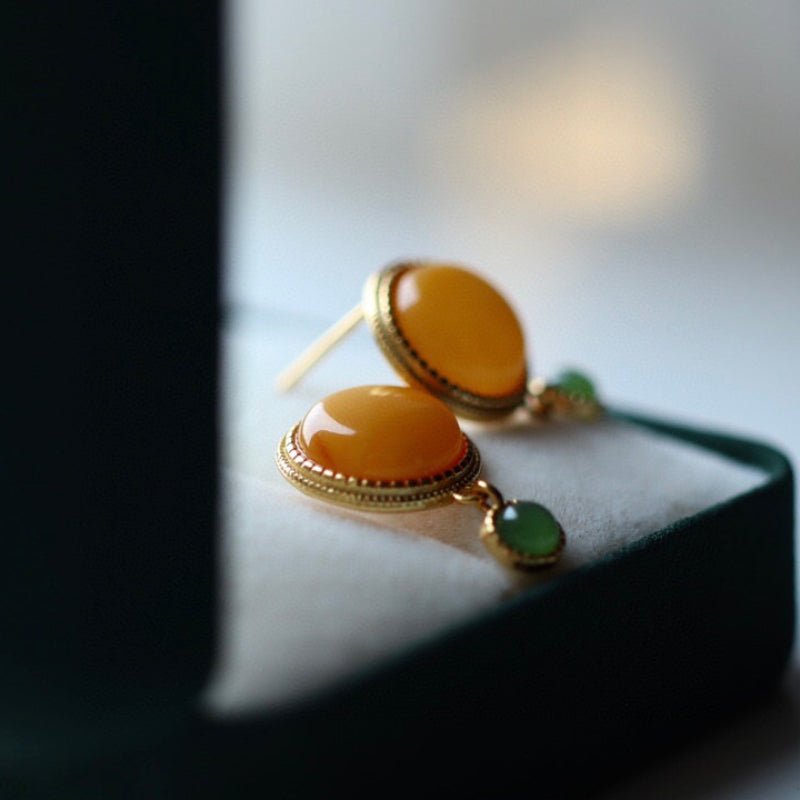 Sheehas Feng Shui Natural Amber & Jade/Tourmaline Sterling Silver 18K Gold Plated Round Cabochon Dangle Earrings - 我的商店 - 
