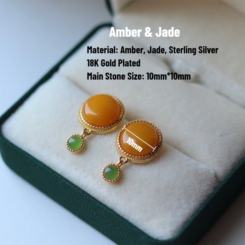 Sheehas Feng Shui Natural Amber & Jade/Tourmaline Sterling Silver 18K Gold Plated Round Cabochon Dangle Earrings - 我的商店 - 