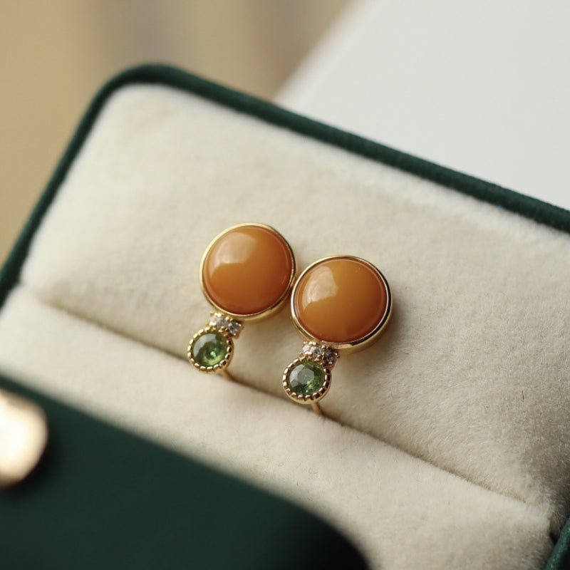 Sheehas Feng Shui Natural Amber & Jade/Tourmaline Sterling Silver 18K Gold Plated Round Cabochon Dangle Earrings - 我的商店 - 