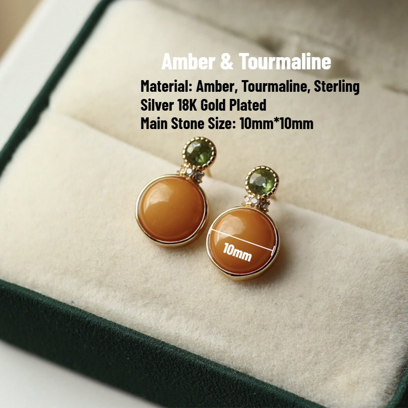 Sheehas Feng Shui Natural Amber & Jade/Tourmaline Sterling Silver 18K Gold Plated Round Cabochon Dangle Earrings - 我的商店 - 