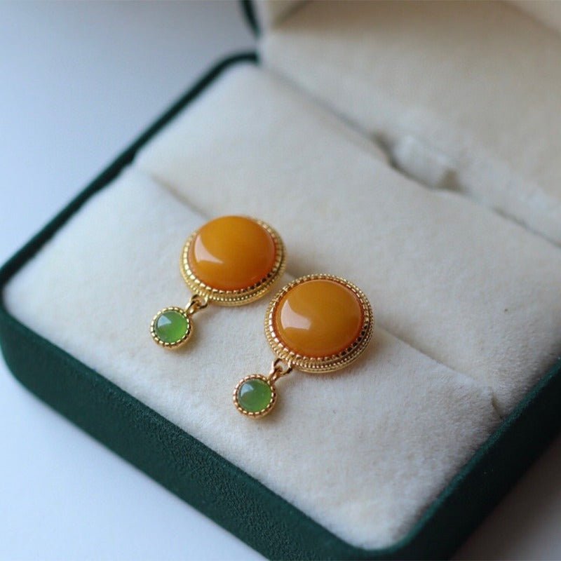 Sheehas Feng Shui Natural Amber & Jade/Tourmaline Sterling Silver 18K Gold Plated Round Cabochon Dangle Earrings - 我的商店 - 