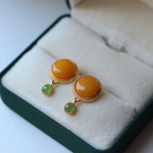 Sheehas Feng Shui Natural Amber & Jade/Tourmaline Sterling Silver 18K Gold Plated Round Cabochon Dangle Earrings - 我的商店 - 