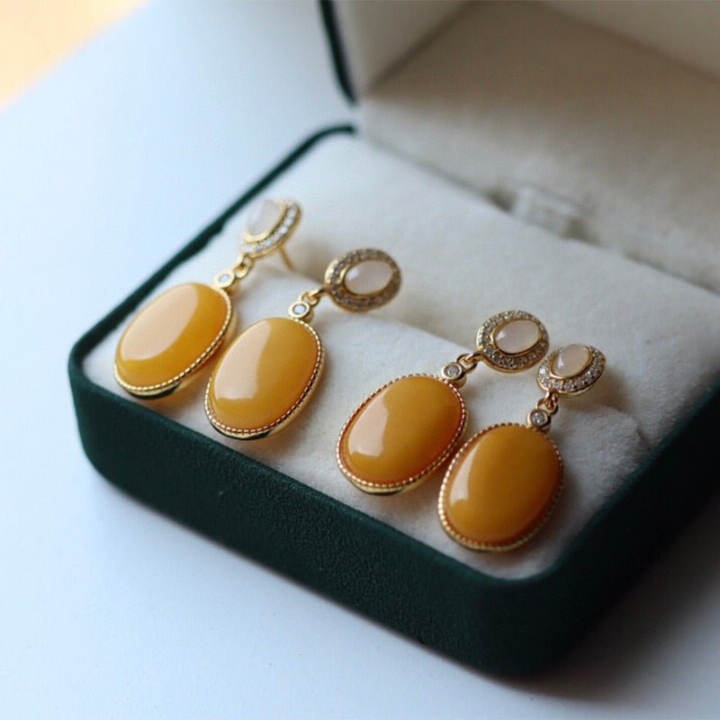 Sheehas Feng Shui Natural Amber & White Jade Sterling Silver 18K Gold Plated Dangle Earrings - 我的商店 - 