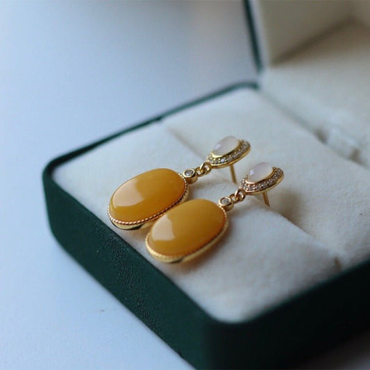 Sheehas Feng Shui Natural Amber & White Jade Sterling Silver 18K Gold Plated Dangle Earrings - 我的商店 - 