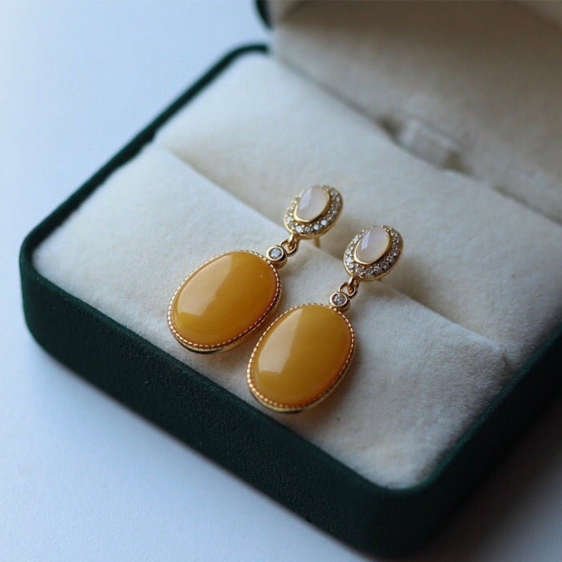 Sheehas Feng Shui Natural Amber & White Jade Sterling Silver 18K Gold Plated Dangle Earrings - 我的商店 - 