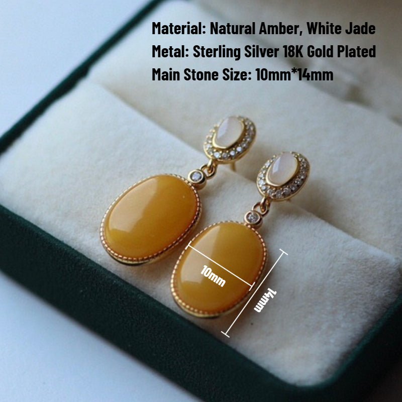 Sheehas Feng Shui Natural Amber & White Jade Sterling Silver 18K Gold Plated Dangle Earrings - 我的商店 - 