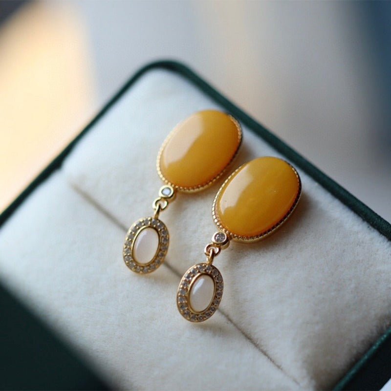 Sheehas Feng Shui Natural Amber & White Jade Sterling Silver 18K Gold Plated Dangle Earrings - 我的商店 - 