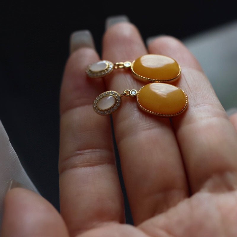 Sheehas Feng Shui Natural Amber & White Jade Sterling Silver 18K Gold Plated Dangle Earrings - 我的商店 - 