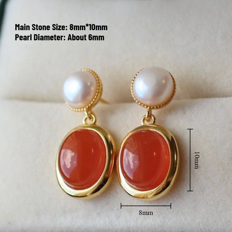 Sheehas Feng Shui Natural Carnelian and Pearl Sterling Silver 18K Gold Plated Earrings - Energy Balance - 我的商店 - 