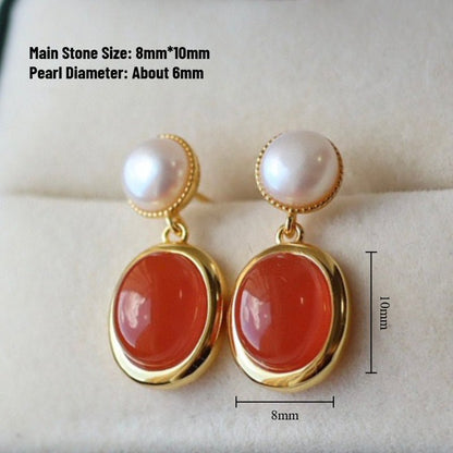 Sheehas Feng Shui Natural Carnelian and Pearl Sterling Silver 18K Gold Plated Earrings - Energy Balance - 我的商店 - 