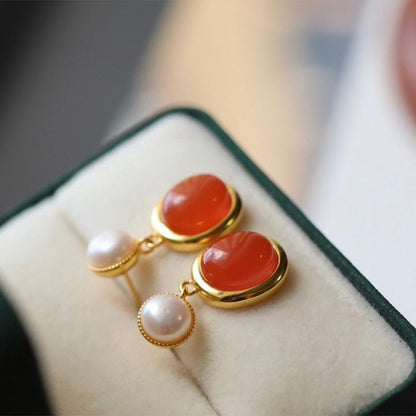 Sheehas Feng Shui Natural Carnelian and Pearl Sterling Silver 18K Gold Plated Earrings - Energy Balance - 我的商店 - 