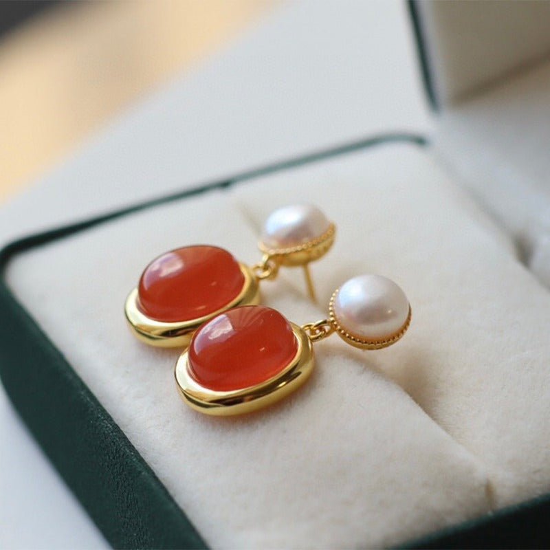 Sheehas Feng Shui Natural Carnelian and Pearl Sterling Silver 18K Gold Plated Earrings - Energy Balance - 我的商店 - 
