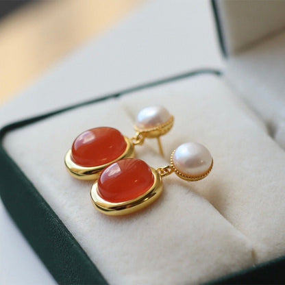 Sheehas Feng Shui Natural Carnelian and Pearl Sterling Silver 18K Gold Plated Earrings - Energy Balance - 我的商店 - 