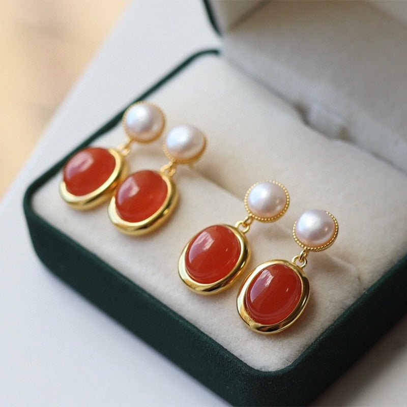 Sheehas Feng Shui Natural Carnelian and Pearl Sterling Silver 18K Gold Plated Earrings - Energy Balance - 我的商店 - 